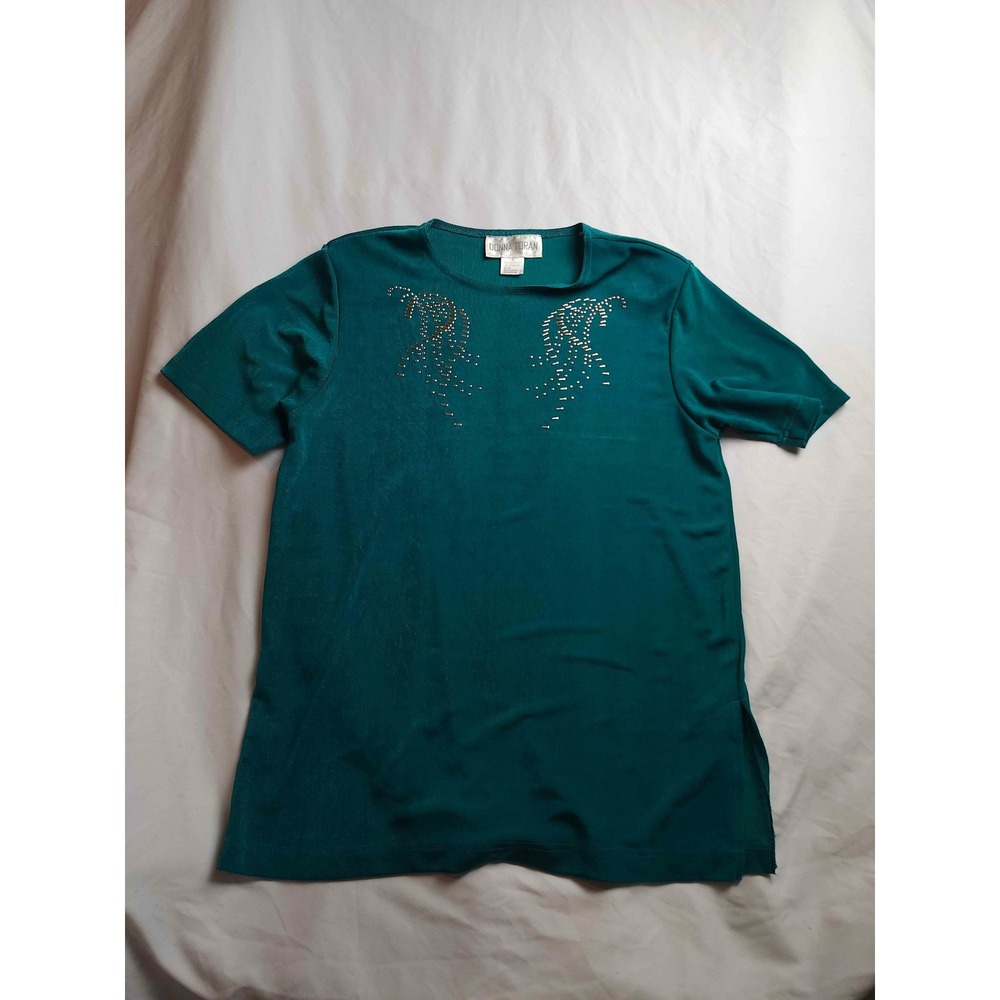 Donna Toran Teal Green Studded Embellished Short‎ Sleeve Top Vintage Size Small